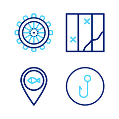 Poster - Set line Fishing hook, Location fishing, Folded map and Ship steering wheel icon. Vector