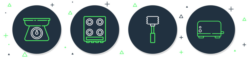 Poster - Set line Gas stove, Kitchen hammer, Scales and Toaster icon. Vector
