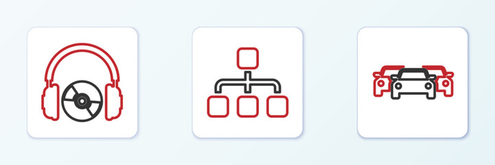 Poster - set line cars, headphones and cd or dvd and hierarchy organogram chart icon. vector