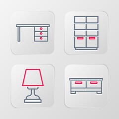 Poster - Set line Chest of drawers, Table lamp, Wardrobe and Office desk icon. Vector