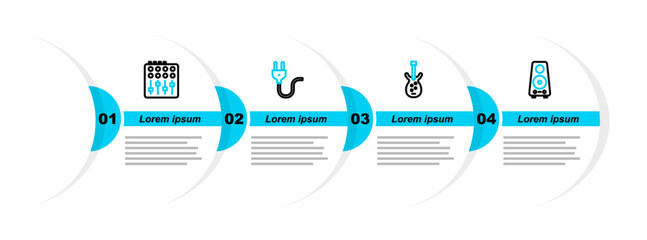 Poster - Set line Stereo speaker, Electric bass guitar, plug and Sound mixer controller icon. Vector