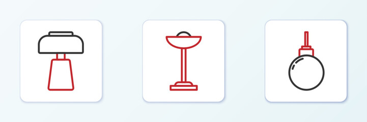 Poster - Set line Lamp hanging, Table lamp and Floor icon. Vector