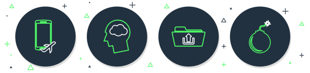 Poster - Set line Head silhouette with cloud, Folder upload, Flight mode in the mobile and Bomb ready to explode icon. Vector