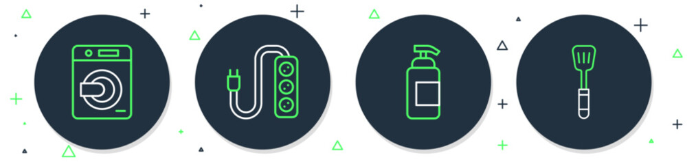 Poster - Set line Electric extension, Antibacterial soap, Washer and Spatula icon. Vector