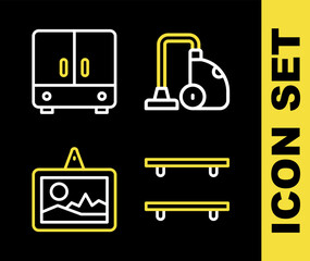 Poster - Set line Vacuum cleaner, Empty wooden shelves, Picture and Wardrobe icon. Vector