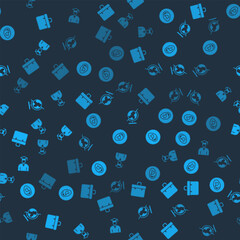 Poster - Set Briefcase, Ear listen sound signal, Earth globe and Graduate and graduation cap on seamless pattern. Vector