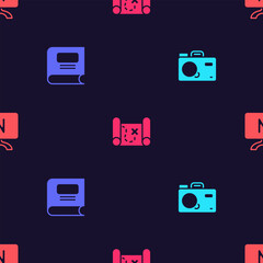 Poster - set photo camera, book, pirate treasure map and smart tv on seamless pattern. vector