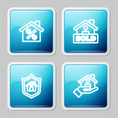 Poster - set line house with percant discount, hanging sign text sold, shield and realtor icon. vector
