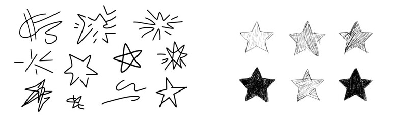 Poster - Creative icon vector illustration featuring various star designs and playful doodles in black and white tones