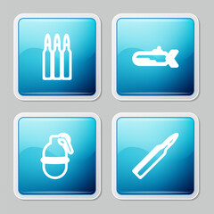 Poster - set line bullet, submarine, hand grenade and icon. vector