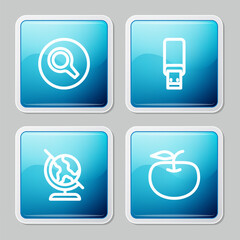 Poster - Set line Magnifying glass, USB flash drive, Earth globe and Apple icon. Vector