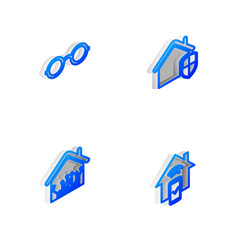 Fototapete - Set Isometric line House under protection, Glasses, Smart home and remote control system icon. Vector