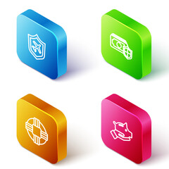 Poster - Set Isometric line Plane with shield, Money, Lifebuoy and Piggy bank icon. Vector
