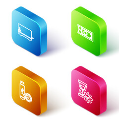 Poster - Set Isometric line Toaster, Fast payments, USB flash drive setting and Hourglass icon. Vector
