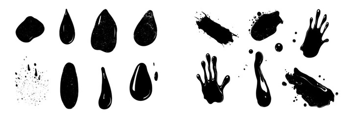 Poster - Black paint splash and drop vector icons for creative design projects in various shapes and sizes