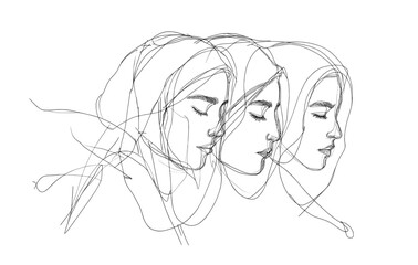 Poster - Simplistic line art illustration showcasing three female faces in profile with serene expressions and flowing hair