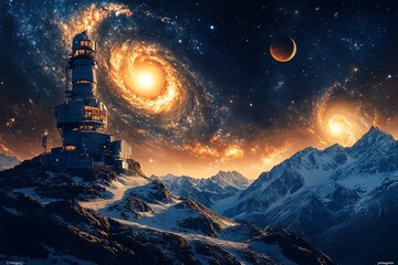 futuristic observatory on snowy mountain with galaxy