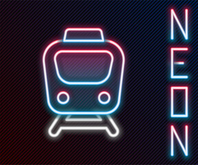 Poster - Glowing neon line Train icon isolated on black background. Public transportation symbol. Subway train transport. Metro underground. Colorful outline concept. Vector