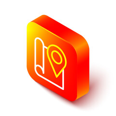 Poster - Isometric line Folded map with location marker icon isolated on white background. Orange square button. Vector