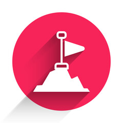 Poster - White Mountains with flag on top icon isolated with long shadow background. Symbol of victory or success concept. Goal achievement. Red circle button. Vector