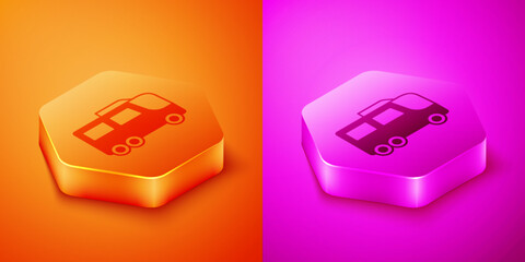 Poster - Isometric Bus icon isolated on orange and pink background. Transportation concept. Bus tour transport. Tourism or public vehicle symbol. Hexagon button. Vector