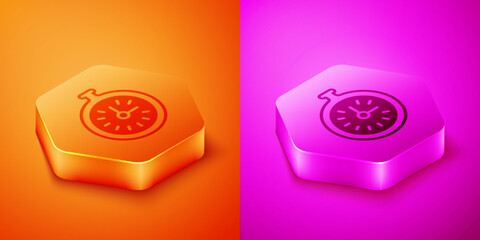 Poster - Isometric Pocket watch icon isolated on orange and pink background. Hexagon button. Vector