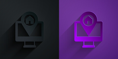 Poster - Paper cut Computer monitor and folded map with location marker icon isolated on black on purple background. Paper art style. Vector
