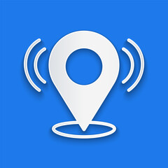 Poster - Paper cut Map pin icon isolated on blue background. Navigation, pointer, location, map, gps, direction, search concept. Paper art style. Vector