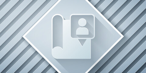 Poster - Paper cut Folded map with location marker icon isolated on grey background. Paper art style. Vector
