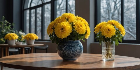 Poster - yellow flowers brightening a cozy room with large windows on a sunny day