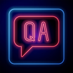 Fototapete - Glowing neon Speech bubbles with Question and Answer icon isolated on black background. Q and A symbol. FAQ sign. Chat speech bubble and chart. Vector