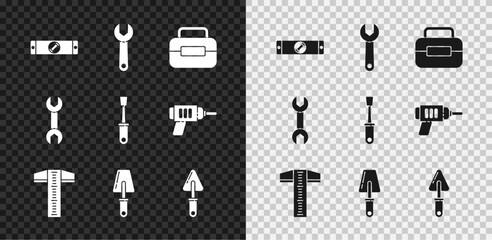 Poster - Set Construction bubble level, Wrench spanner, Toolbox, T-square line, Trowel, and Screwdriver icon. Vector