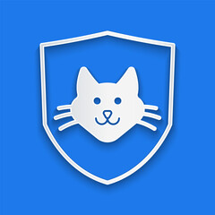 Poster - Paper cut Animal health insurance icon isolated on blue background. Pet protection concept. Dog or cat paw print. Paper art style. Vector