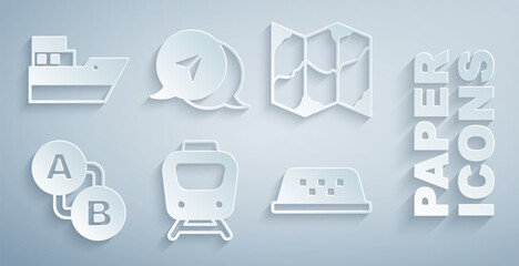 Poster - set train, folded map, route location, taxi car roof, infographic city navigation and ship line path
