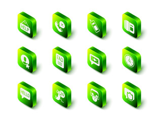 Poster - Set Declined or missed phone call, Mobile, Telephone handset, Clock, Speech bubble chat, Stacks paper money cash, Headphones with question and 24 hours support icon. Vector