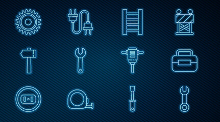 Poster - Set line Wrench spanner, Toolbox, Wooden staircase, Hammer, Circular saw blade, Electric rotary hammer drill and plug icon. Vector