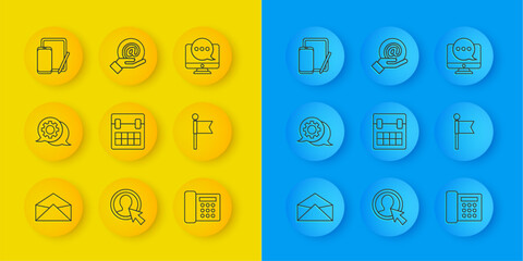 Poster - Set line Envelope, Speech bubble chat, Calendar, Telephone, Location marker, Phone and graphic tablet, Chat messages notification monitor and Mail e-mail in hand icon. Vector
