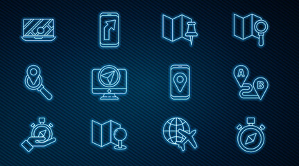 Poster - Set line Compass, Route location, Folded map with push pin, Monitor marker, Search, City navigation, and icon. Vector