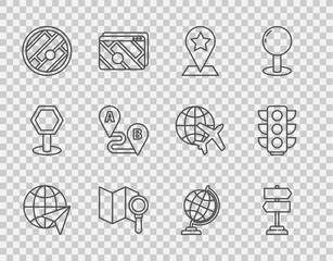 Poster - set line globe with flying plane, road traffic sign, map pointer star, search location, folded map, 