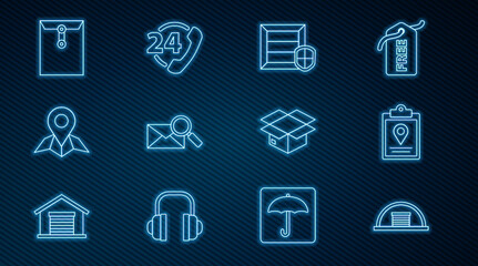 Poster - Set line Hangar, Delivery pack security with shield, Envelope magnifying glass, Placeholder on map paper, Carton cardboard box and Telephone 24 hours support icon. Vector