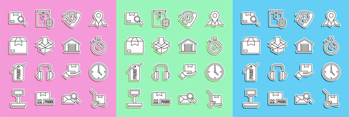 Poster - Set line Hand truck and boxes, Fast time delivery, Telephone 24 hours support, Cardboard with traffic symbol, Carton cardboard, Search package and Warehouse icon. Vector