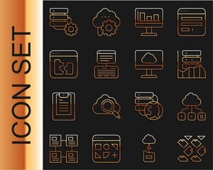 Poster - Set line Data stream, Cloud technology data transfer, Server, Data, Web Hosting, Monitor with graph chart, Broken file, and gear and icon. Vector