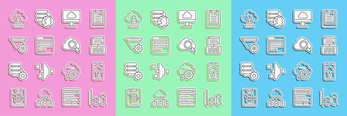 Poster - Set line Data analysis, Cloud technology data transfer, Server, Data, Web Hosting, Browser window, Filter setting, computing lock and Search cloud icon. Vector