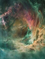 Poster - A celestial scene depicting the birth of a new galaxy, with swirling clouds of colorful cosmic dust in greens, pinks, and blues