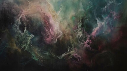 Poster - A celestial scene depicting the birth of a new galaxy, with swirling clouds of colorful cosmic dust in greens, pinks, and blues