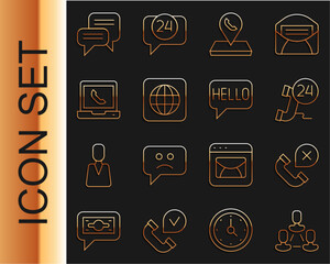 Poster - Set line Employee hierarchy, Declined or missed phone call, Telephone 24 hours support, Call center location, Worldwide, Speech bubble chat and Hello different languages icon. Vector