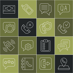 Poster - Set line Call center location, Speech bubble chat, Telephone handset, Declined or missed call, Stacks paper money cash and with shield icon. Vector