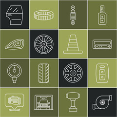 Poster - Set line Automotive turbocharger, Car key with remote, audio, Shock absorber, Alloy wheel for car, headlight, door and Traffic cone icon. Vector