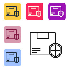 Poster - Black line Delivery security with shield icon isolated on white background. Delivery insurance. Insured cardboard boxes beyond the shield. Set icons in color square buttons. Vector Illustration
