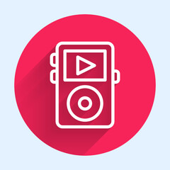 Poster - White line Music player icon isolated with long shadow. Portable music device. Red circle button. Vector